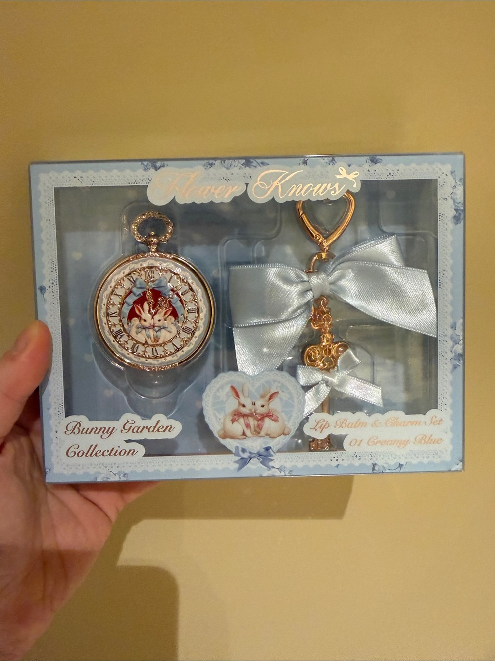 Creamy Blue Bunny Garden Pocket Watch & Charm Set NWT